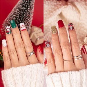 Vamony 30Pc Christmas Press on Nails Short Glossy Square Cute Red Xmas Fake Nail
